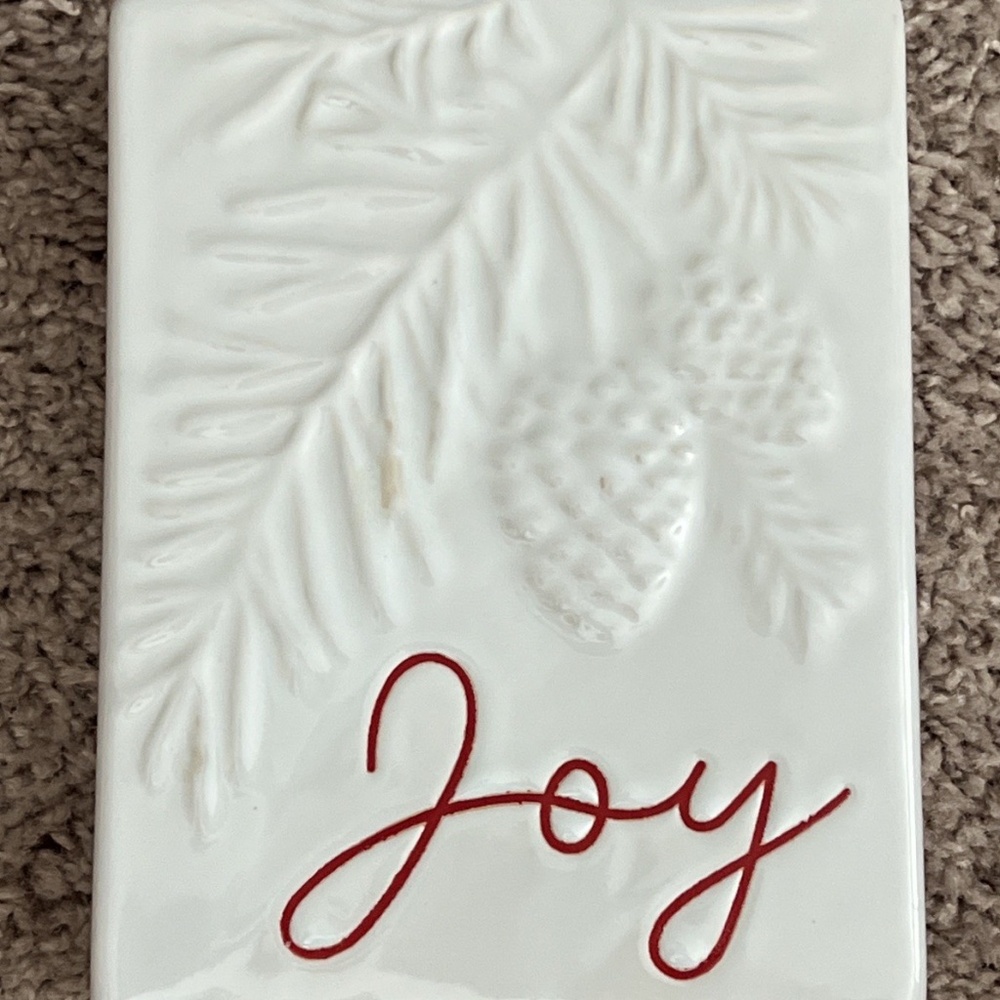 Joy Pinecones Ceramic Winter Holiday Decor Embossed White With Red Lettering